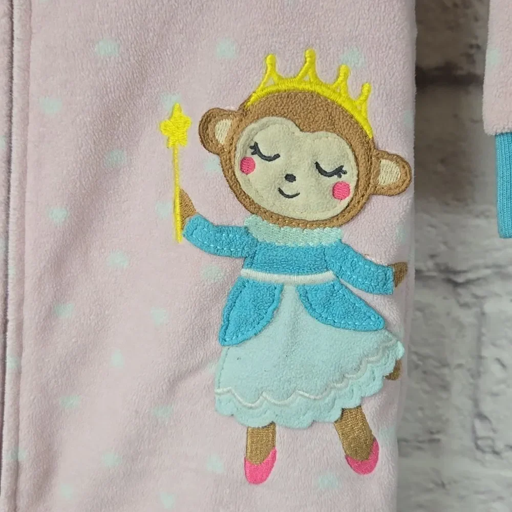 Carter's Princess Monkey Footed Pajamas 12M Pink Fleece Zip Sleeper Baby Girl